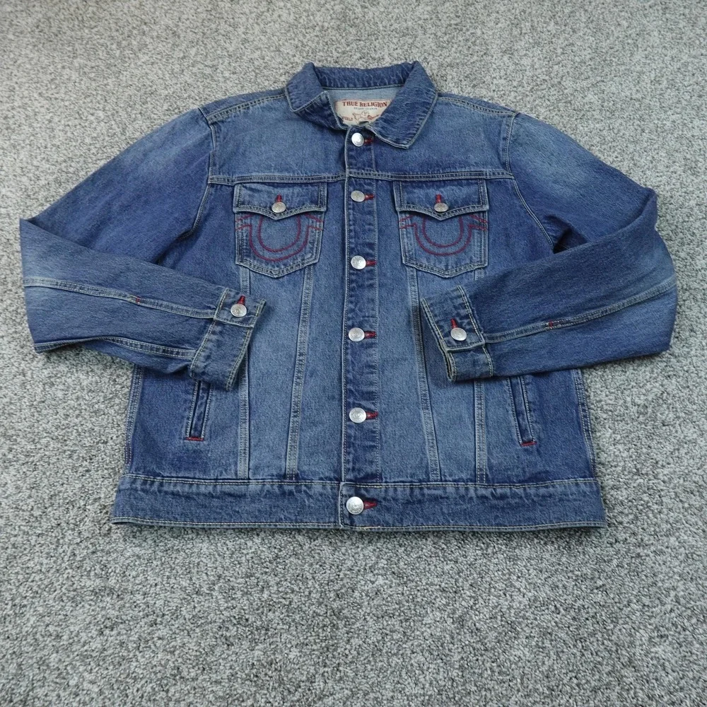 NEW True Religion Jacket Mens L Blue Denim Jean Coat Type 3 Trucker Horseshoe
